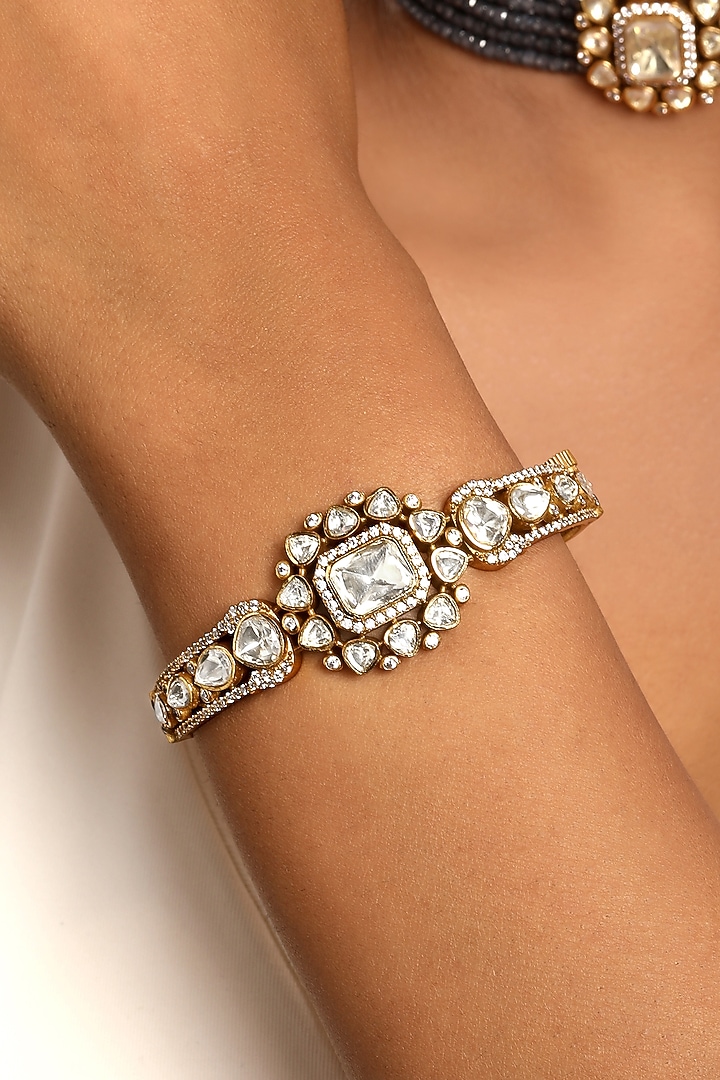Micron Gold Finish Kundan Polki & Zircon Bracelet by Hrisha Jewels at Pernia's Pop Up Shop