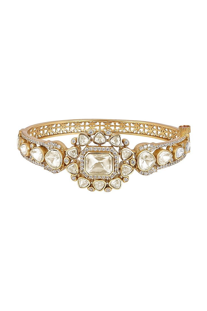 Micron Gold Finish Kundan Polki & Zircon Bracelet by Hrisha Jewels at Pernia's Pop Up Shop