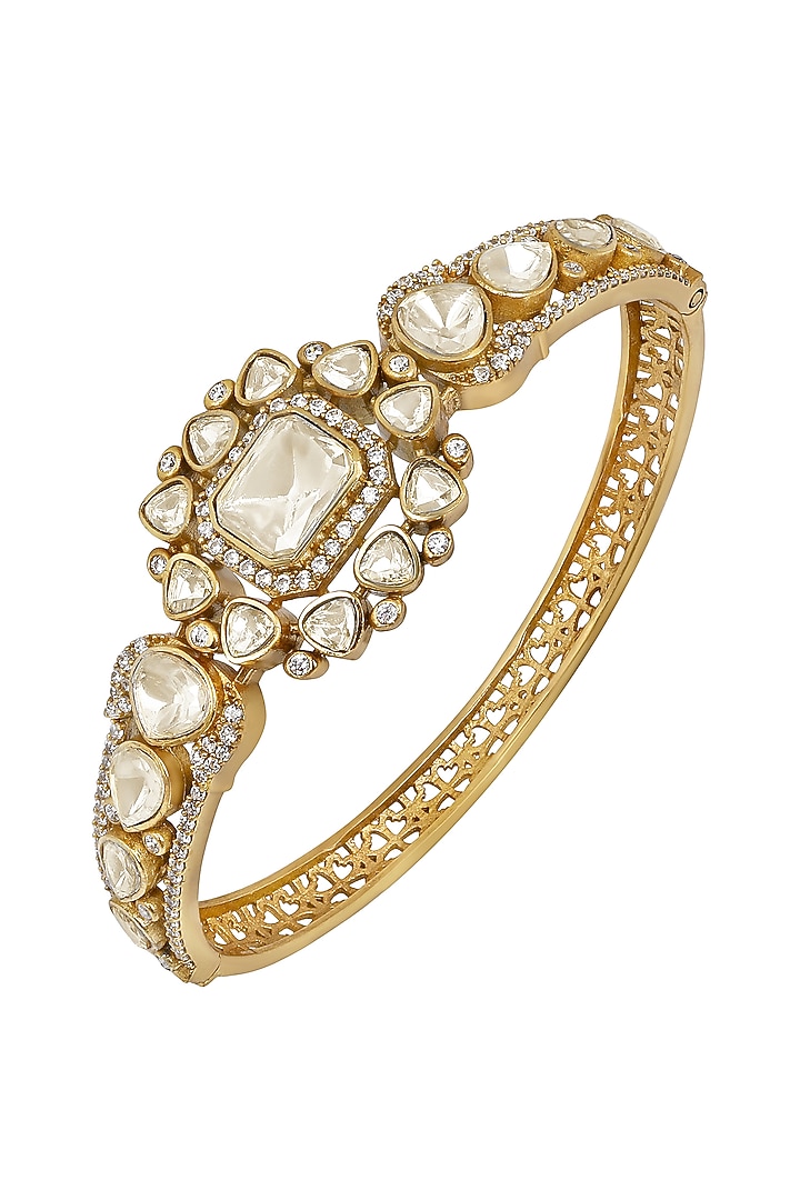 Micron Gold Finish Kundan Polki & Zircon Bracelet by Hrisha Jewels at Pernia's Pop Up Shop