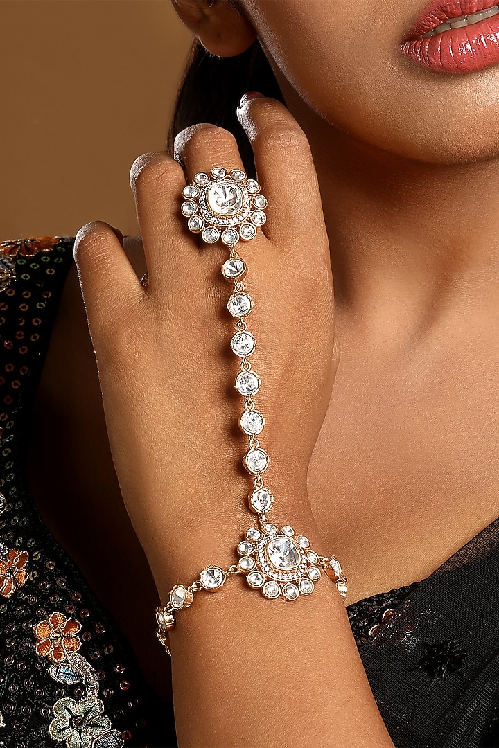 Micron Gold Finish Kundan Polki & Zircon Haathphool by Hrisha Jewels at Pernia's Pop Up Shop