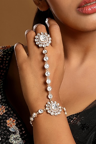Micron Gold Finish Kundan Polki & Zircon Haathphool by Hrisha Jewels