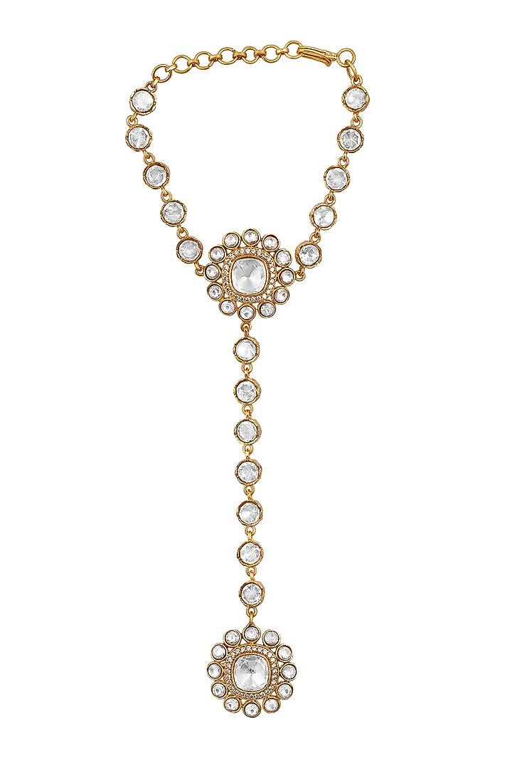 Micron Gold Finish Kundan Polki & Zircon Haathphool by Hrisha Jewels at Pernia's Pop Up Shop