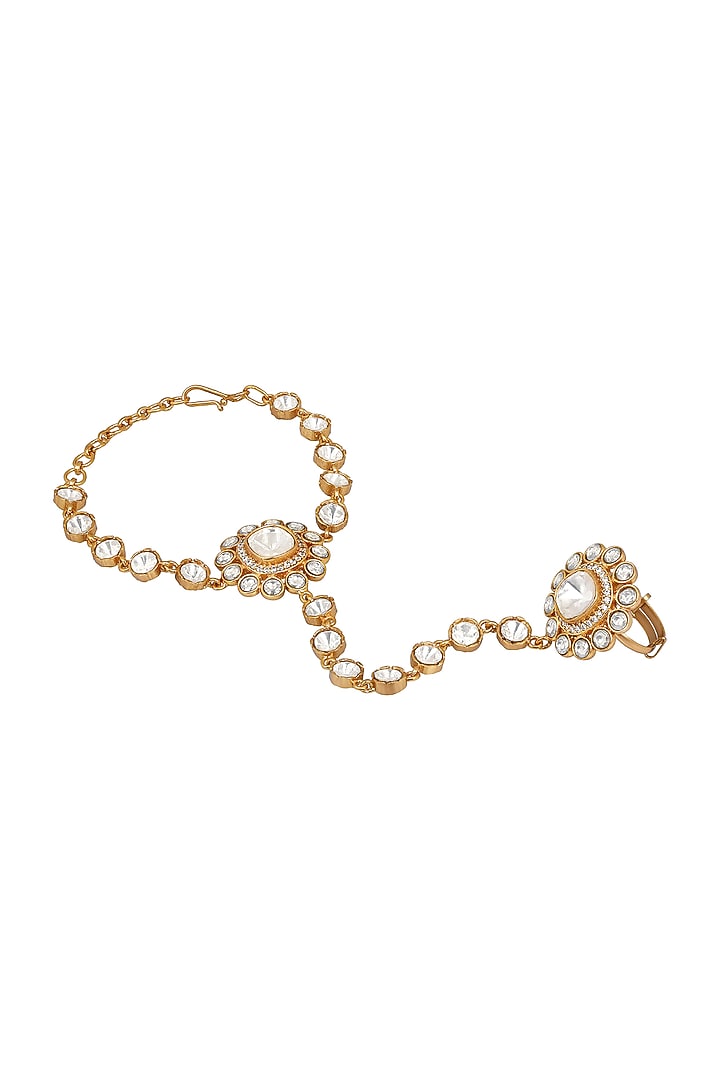 Micron Gold Finish Kundan Polki & Zircon Haathphool by Hrisha Jewels at Pernia's Pop Up Shop