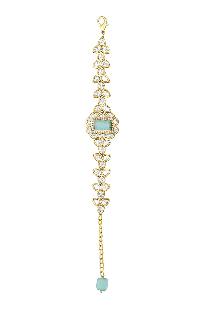 Gold Finish Kundan Polki & Aqua Green Onyx Tumble Handcrafted Bracelet by Hrisha Jewels at Pernia's Pop Up Shop