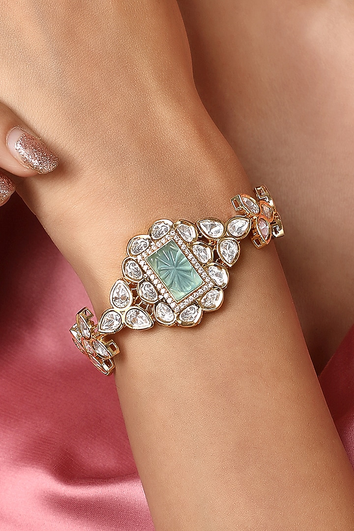 Gold Finish Kundan Polki & Aqua Green Onyx Tumble Handcrafted Bracelet by Hrisha Jewels at Pernia's Pop Up Shop