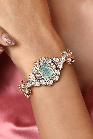 Gold Finish Kundan Polki & Aqua Green Onyx Tumble Handcrafted Bracelet by Hrisha Jewels
