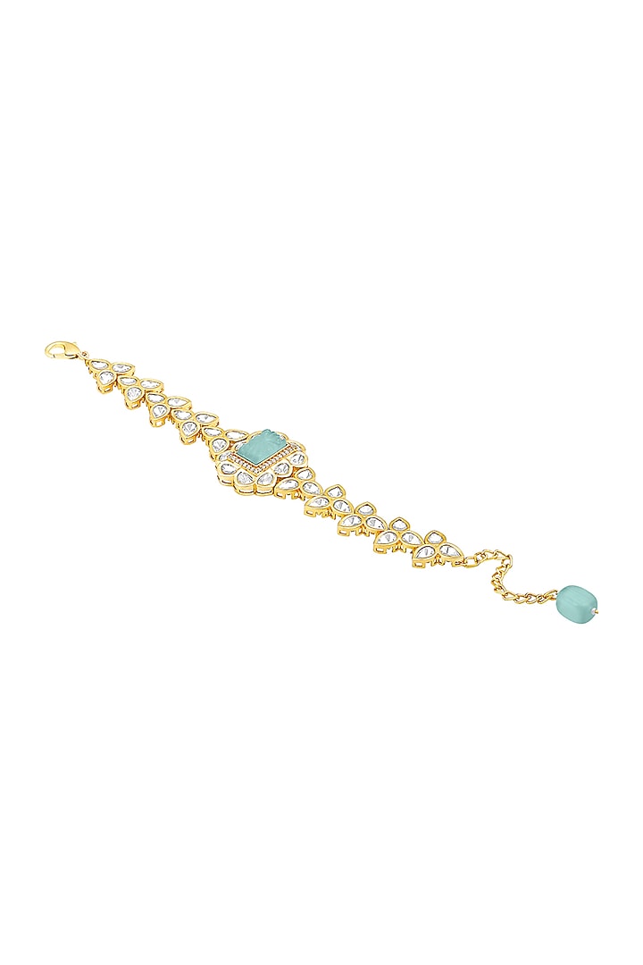 Gold Finish Kundan Polki & Aqua Green Onyx Tumble Handcrafted Bracelet by Hrisha Jewels at Pernia's Pop Up Shop