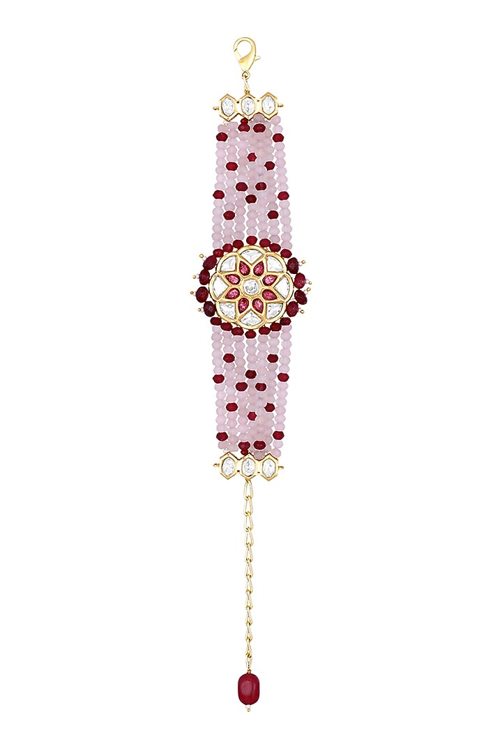 Gold Finish Pink Kundan Polki & Agates Stone Handcrafted Bracelet by Hrisha Jewels at Pernia's Pop Up Shop