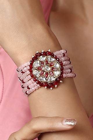 Gold Finish Pink Kundan Polki & Agates Stone Handcrafted Bracelet by Hrisha Jewels