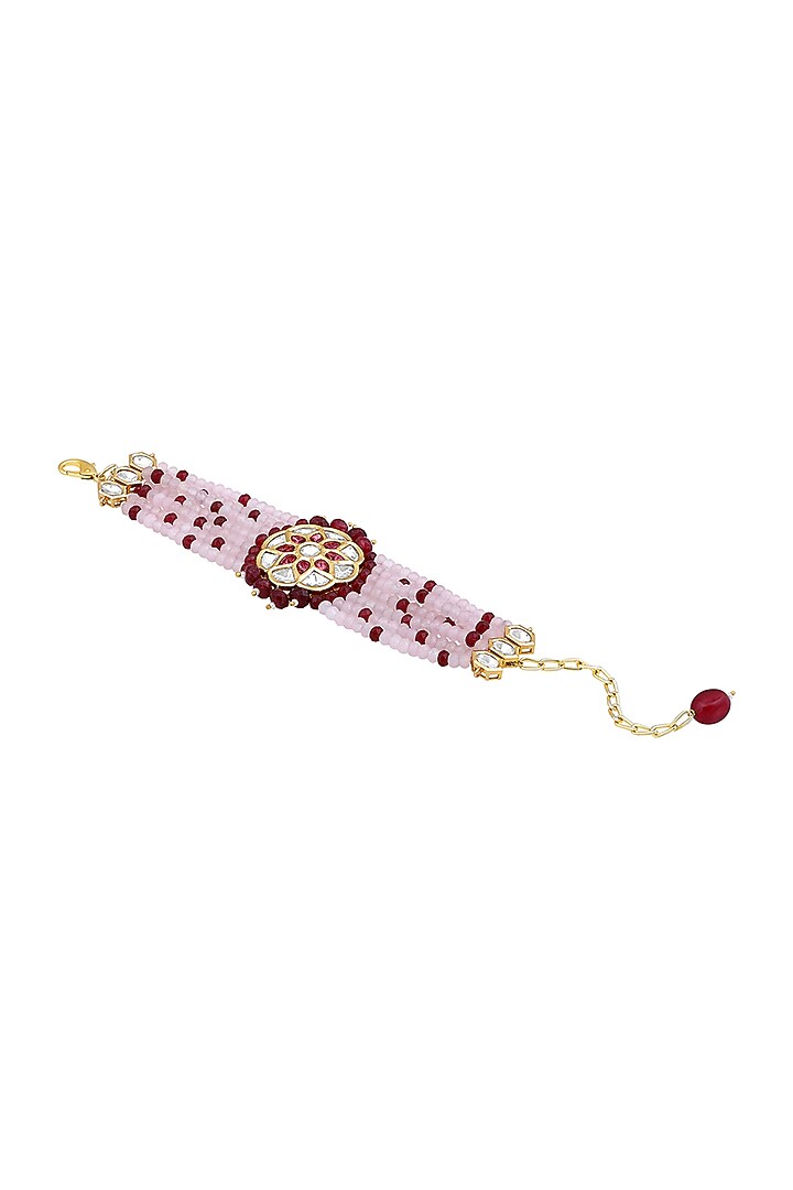 Gold Finish Pink Kundan Polki & Agates Stone Handcrafted Bracelet by Hrisha Jewels at Pernia's Pop Up Shop