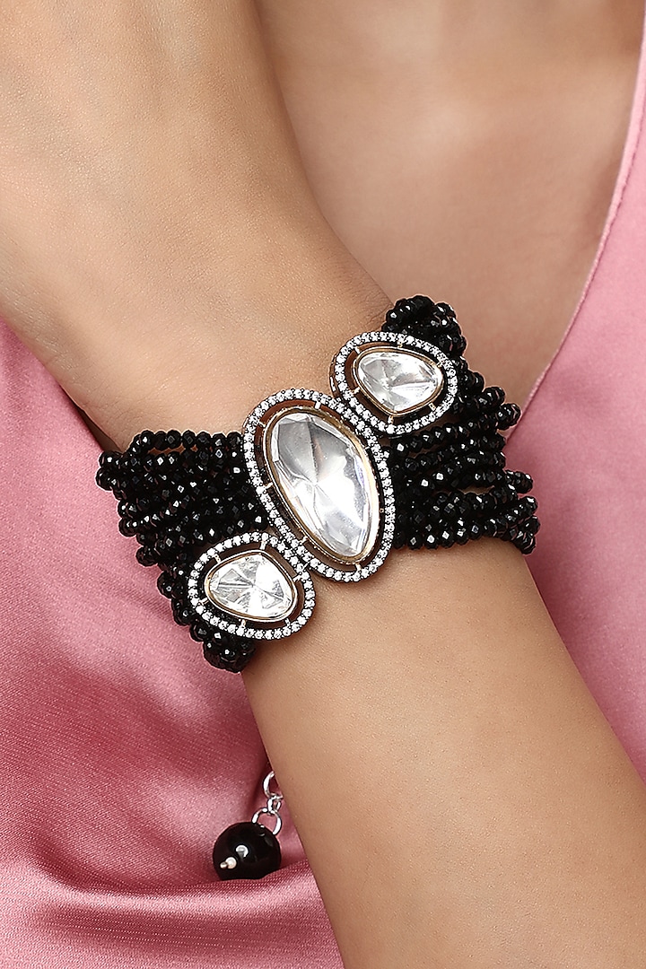 Two-Tone Finish Black Kundan Polki & Agates Stone Handcrafted Bracelet by Hrisha Jewels