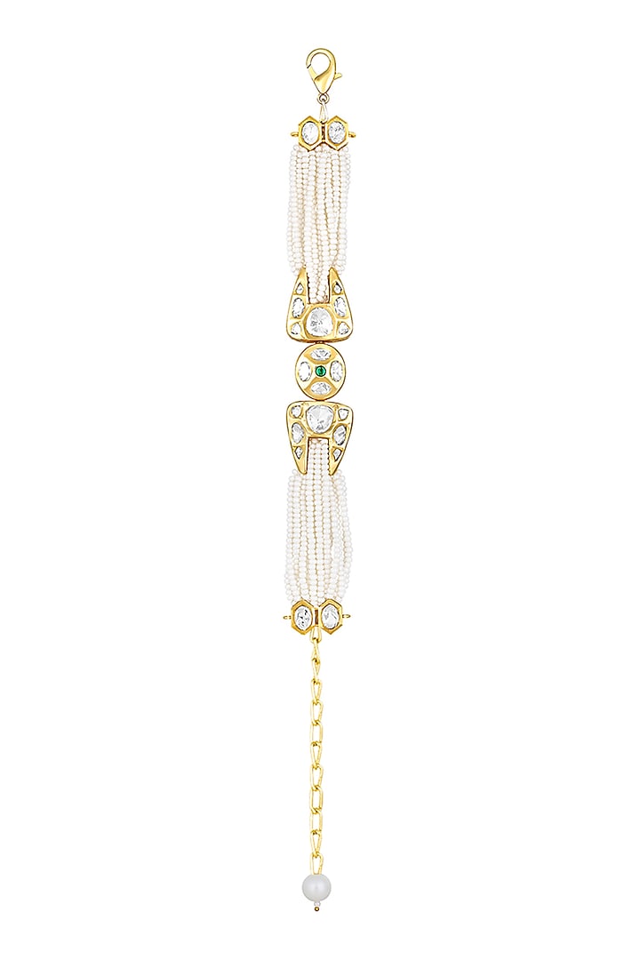 Gold Finish Cream Pearls & Kundan Polki Handcrafted Bracelet by Hrisha Jewels at Pernia's Pop Up Shop