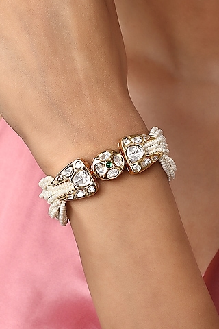 Gold Finish Cream Pearls & Kundan Polki Handcrafted Bracelet by Hrisha Jewels