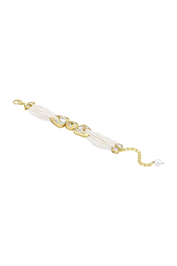 Gold Finish Cream Pearls & Kundan Polki Handcrafted Bracelet by Hrisha Jewels at Pernia's Pop Up Shop