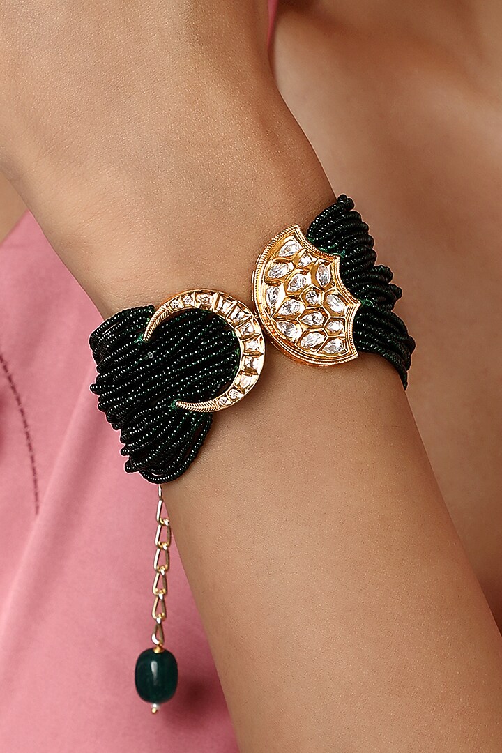 Gold Finish Green Kundan Polki & Agates Stone Handcrafted Bracelet by Hrisha Jewels at Pernia's Pop Up Shop