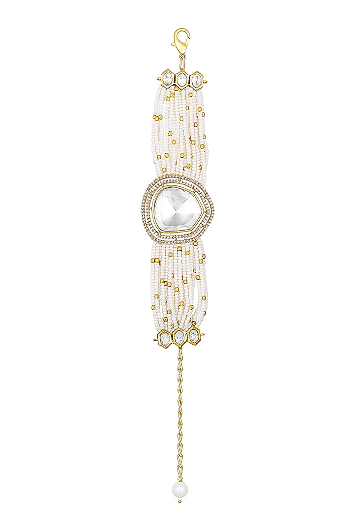 Gold Finish Cream Kundan Polki & Agates Stone Handcrafted Bracelet by Hrisha Jewels at Pernia's Pop Up Shop