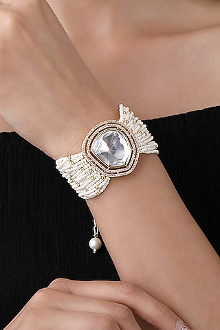Gold Finish Cream Kundan Polki & Agates Stone Handcrafted Bracelet by Hrisha Jewels