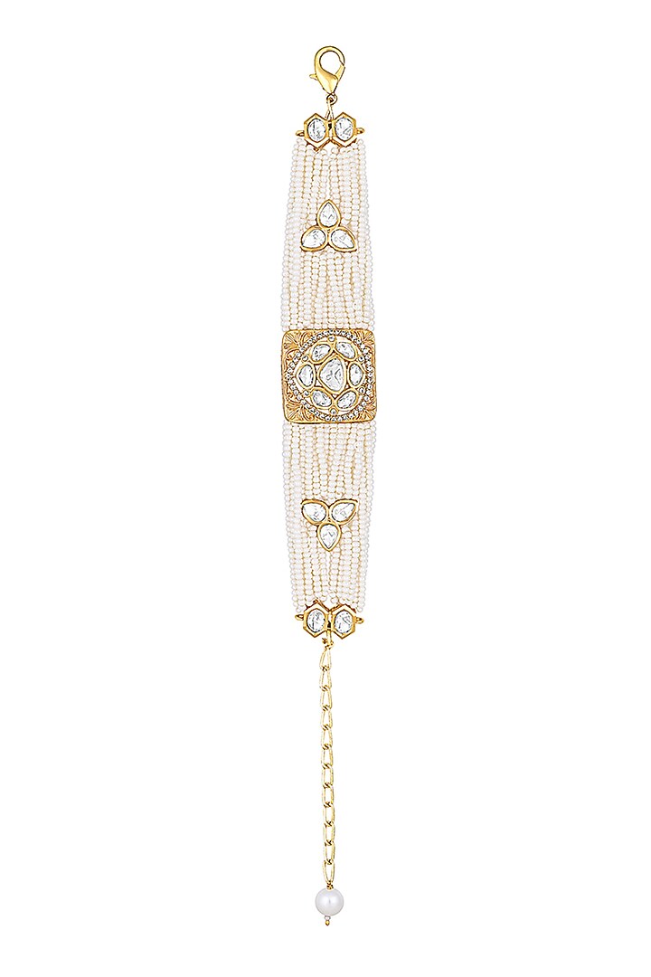 Gold Finish Cream Pearls & Kundan Polki Handcrafted Bracelet by Hrisha Jewels at Pernia's Pop Up Shop