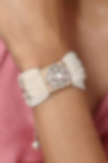Gold Finish Cream Pearls & Kundan Polki Handcrafted Bracelet by Hrisha Jewels at Pernia's Pop Up Shop