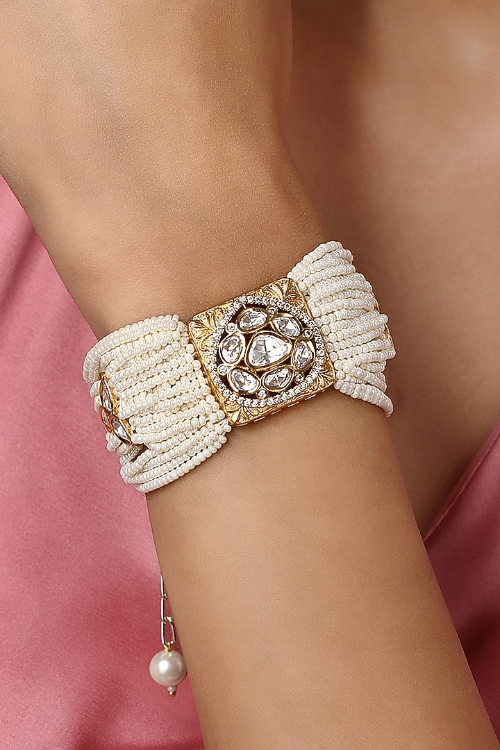 Gold Finish Cream Pearls & Kundan Polki Handcrafted Bracelet by Hrisha Jewels at Pernia's Pop Up Shop
