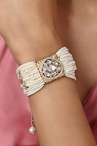 Gold Finish Cream Pearls & Kundan Polki Handcrafted Bracelet by Hrisha Jewels