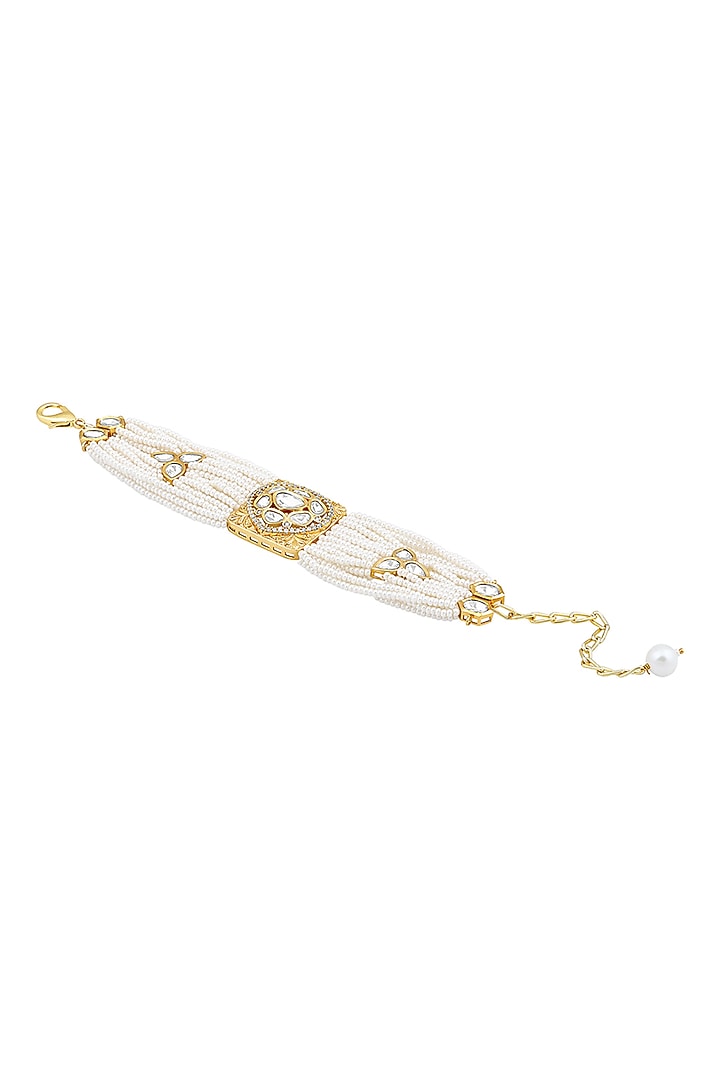 Gold Finish Cream Pearls & Kundan Polki Handcrafted Bracelet by Hrisha Jewels at Pernia's Pop Up Shop