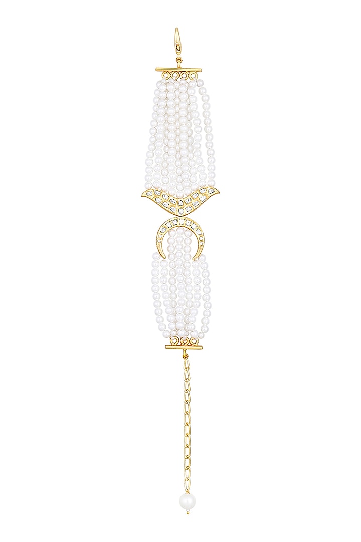 Gold Finish Cream Pearls & Kundan Polki Handcrafted Bracelet by Hrisha Jewels at Pernia's Pop Up Shop