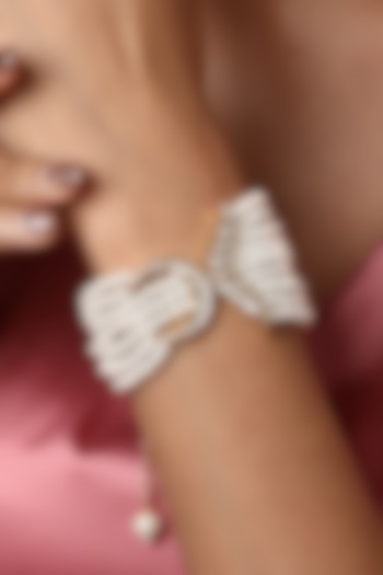 Gold Finish Cream Pearls & Kundan Polki Handcrafted Bracelet by Hrisha Jewels at Pernia's Pop Up Shop