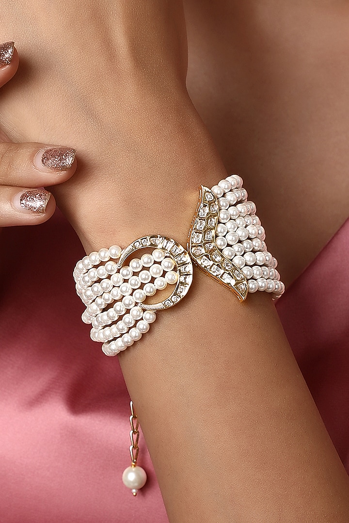 Gold Finish Cream Pearls & Kundan Polki Handcrafted Bracelet by Hrisha Jewels at Pernia's Pop Up Shop