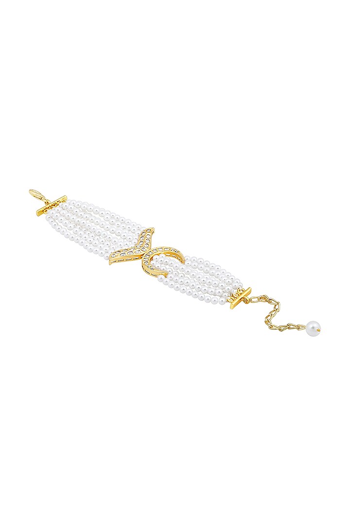 Gold Finish Cream Pearls & Kundan Polki Handcrafted Bracelet by Hrisha Jewels at Pernia's Pop Up Shop
