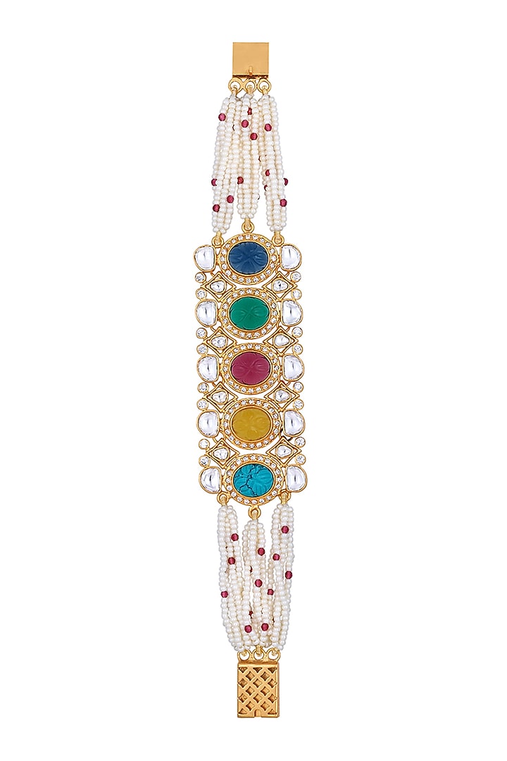 Gold Finish Kundan Polki & Navaratna Stones Handcrafted Bracelet by Hrisha Jewels at Pernia's Pop Up Shop