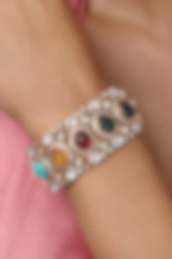 Gold Finish Kundan Polki & Navaratna Stones Handcrafted Bracelet by Hrisha Jewels at Pernia's Pop Up Shop