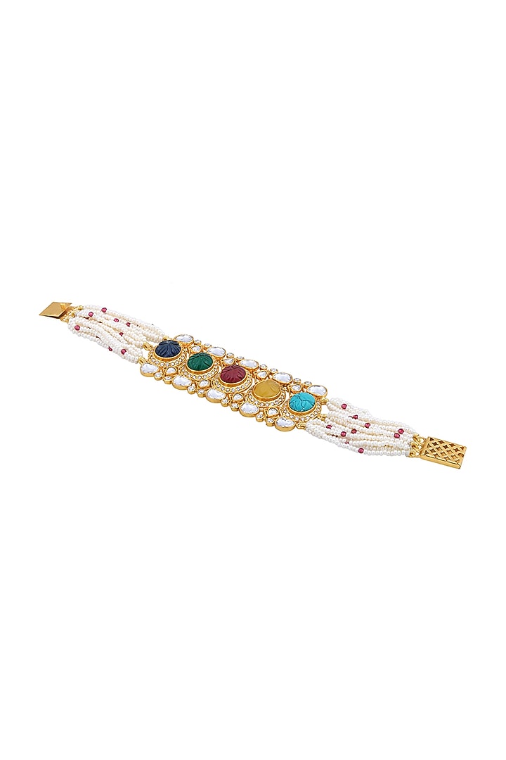 Gold Finish Kundan Polki & Navaratna Stones Handcrafted Bracelet by Hrisha Jewels at Pernia's Pop Up Shop