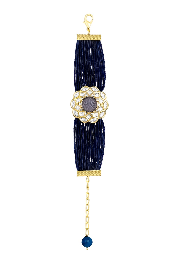 Gold Finish Blue Kundan Polki & Onyx Tumble Handcrafted Bracelet by Hrisha Jewels at Pernia's Pop Up Shop