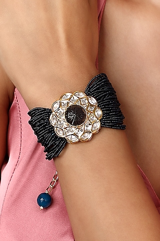 Gold Finish Blue Kundan Polki & Onyx Tumble Handcrafted Bracelet by Hrisha Jewels