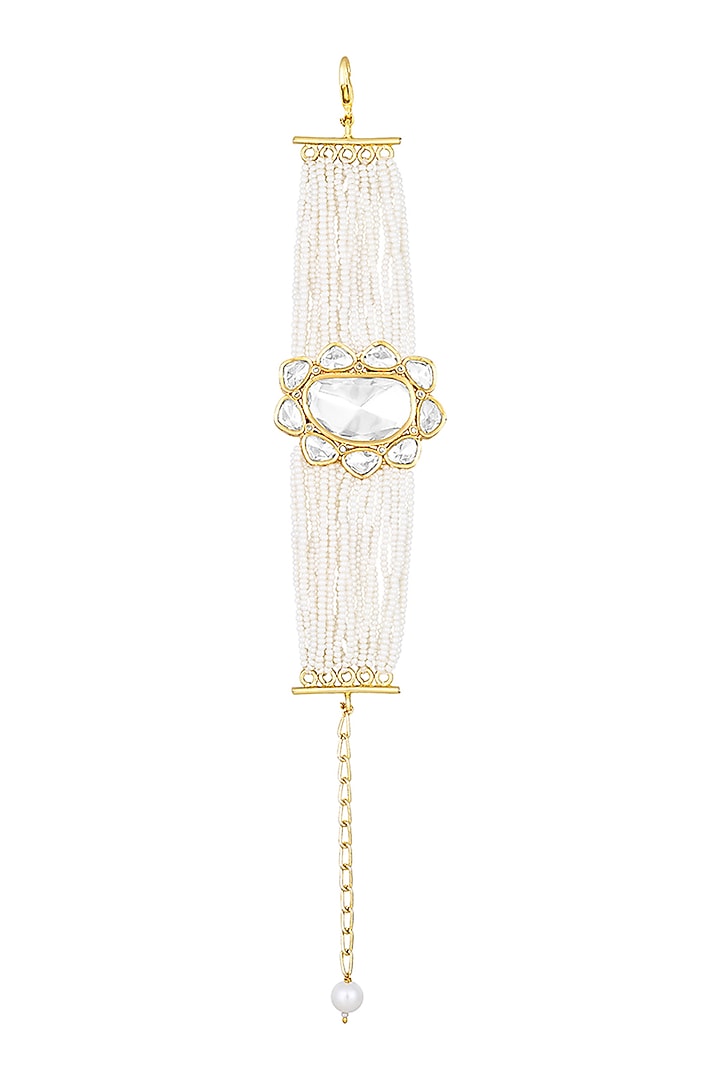 Gold Finish Kundan Polki & Onyx Tumble Handcrafted Bracelet by Hrisha Jewels at Pernia's Pop Up Shop