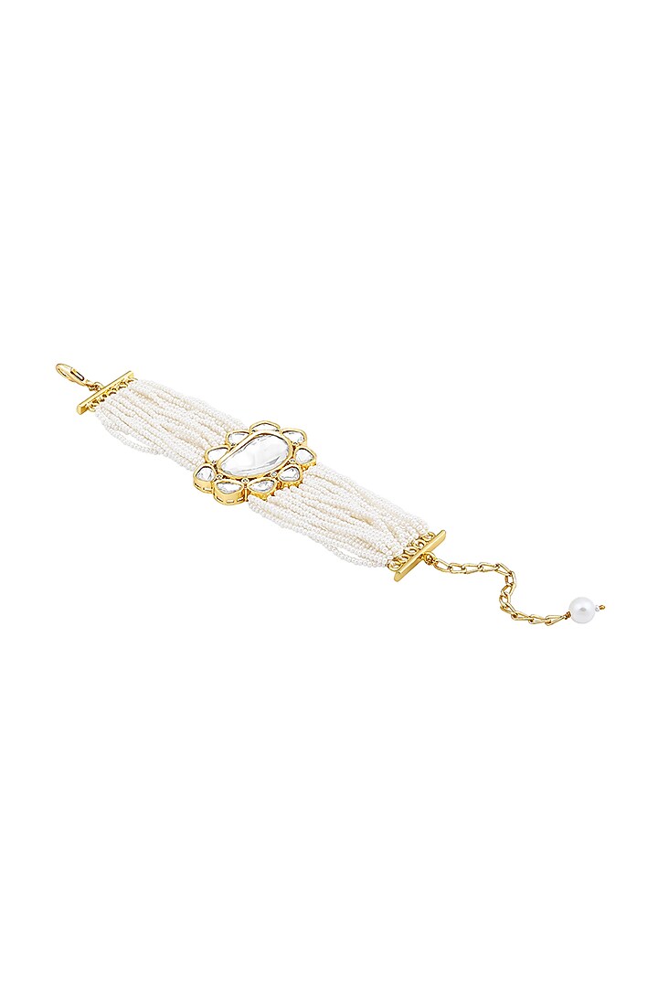Gold Finish Kundan Polki & Onyx Tumble Handcrafted Bracelet by Hrisha Jewels at Pernia's Pop Up Shop