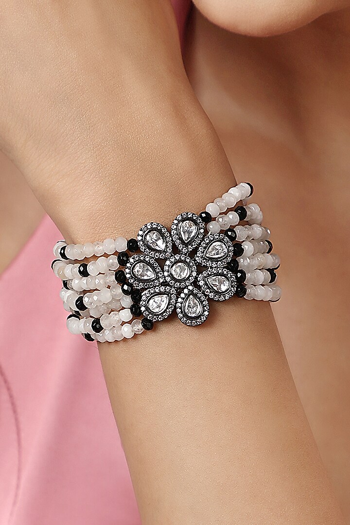 Black Rhodium Finish Agate Stone & Kundan Polki Handcrafted Bracelet by Hrisha Jewels