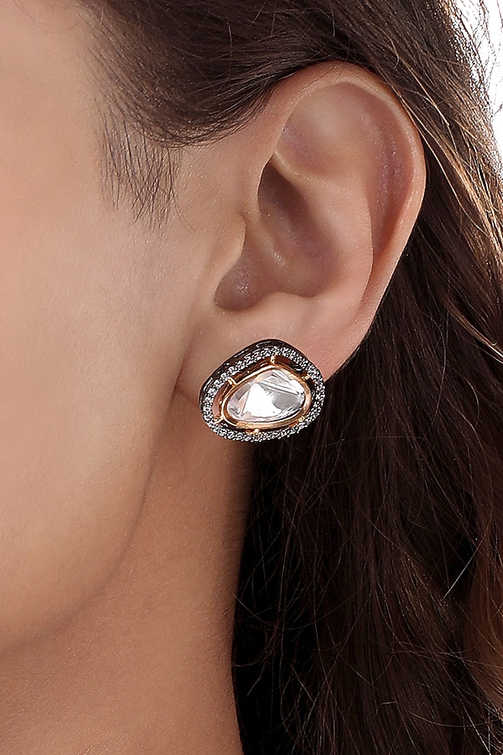 Two- Tone Finish Kundan Polki & Agate Stones Handcrafted Stud Earrings by Hrisha Jewels at Pernia's Pop Up Shop