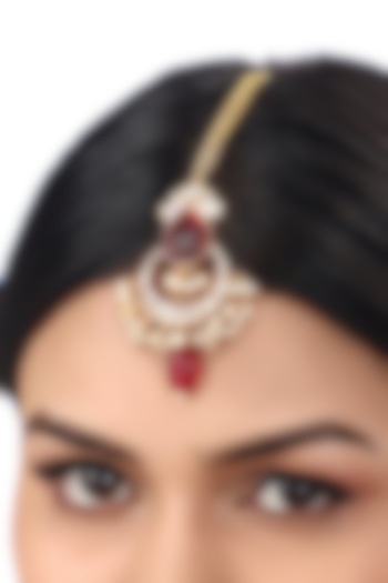 Gold Finish Kundan Polki & Red Agate Stones Handcrafted Maang Tikka by Hrisha Jewels at Pernia's Pop Up Shop