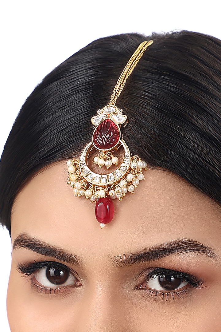 Gold Finish Kundan Polki & Red Agate Stones Handcrafted Maang Tikka by Hrisha Jewels at Pernia's Pop Up Shop