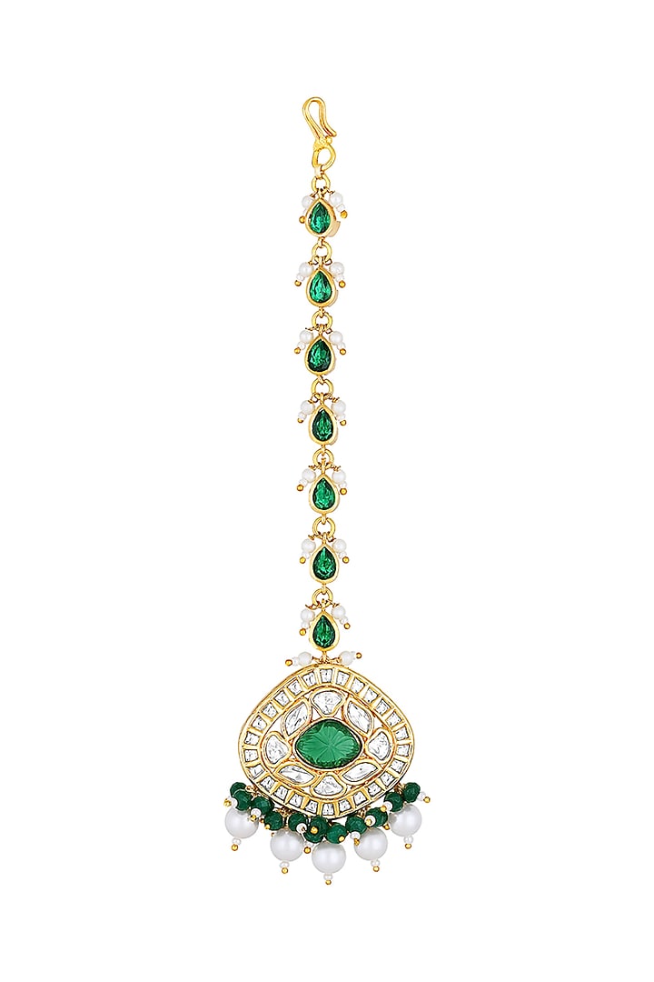 Gold Finish Kundan Polki & Green Agate Stones Handcrafted Maang Tikka by Hrisha Jewels at Pernia's Pop Up Shop