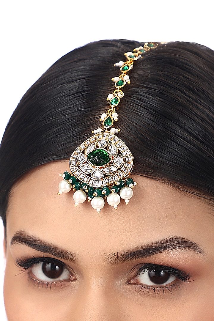 Gold Finish Kundan Polki & Green Agate Stones Handcrafted Maang Tikka by Hrisha Jewels at Pernia's Pop Up Shop