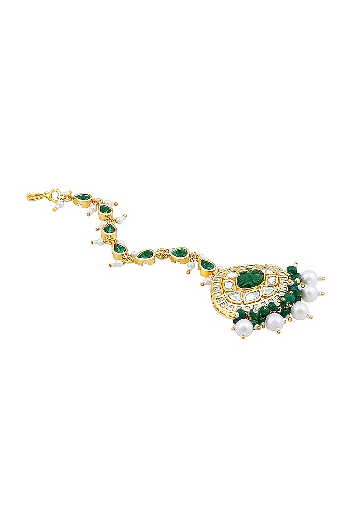 Gold Finish Kundan Polki & Green Agate Stones Handcrafted Maang Tikka by Hrisha Jewels at Pernia's Pop Up Shop