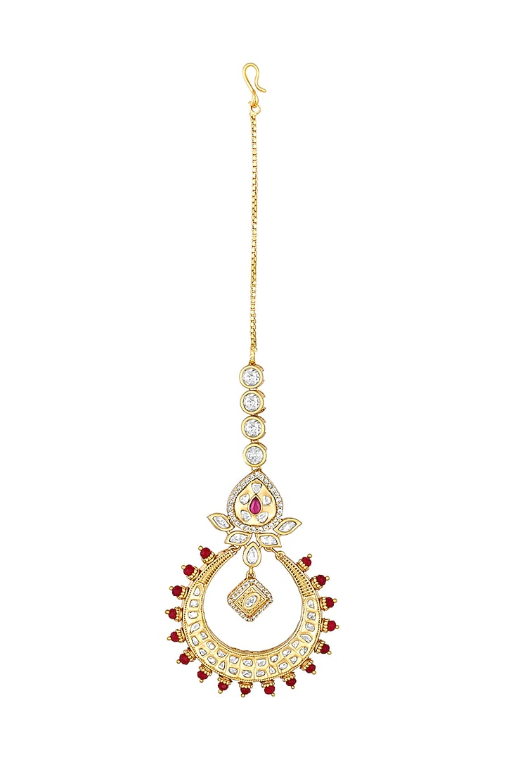 Gold Finish Kundan Polki & Red Agate Stones Handcrafted Maang Tikka by Hrisha Jewels at Pernia's Pop Up Shop