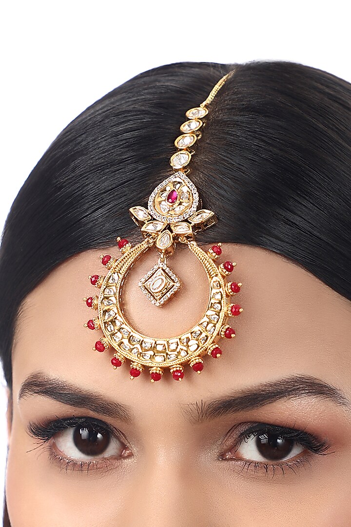 Gold Finish Kundan Polki & Red Agate Stones Handcrafted Maang Tikka by Hrisha Jewels at Pernia's Pop Up Shop