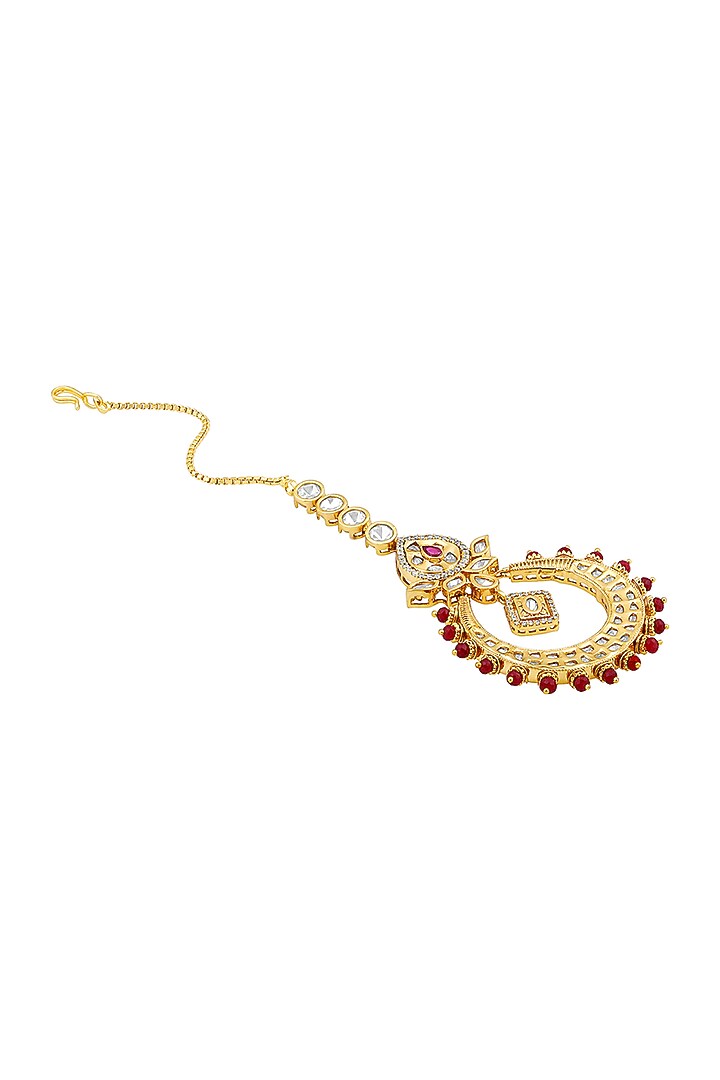 Gold Finish Kundan Polki & Red Agate Stones Handcrafted Maang Tikka by Hrisha Jewels at Pernia's Pop Up Shop