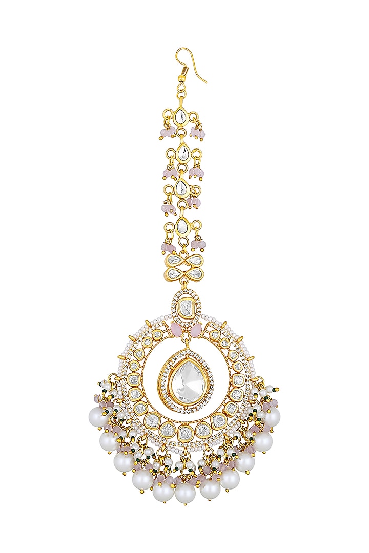 Gold Finish Kundan Polki & Agate Stones Handcrafted Maang Tikka by Hrisha Jewels at Pernia's Pop Up Shop