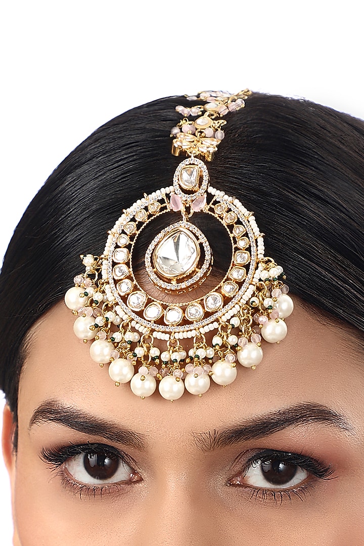 Gold Finish Kundan Polki & Agate Stones Handcrafted Maang Tikka by Hrisha Jewels at Pernia's Pop Up Shop