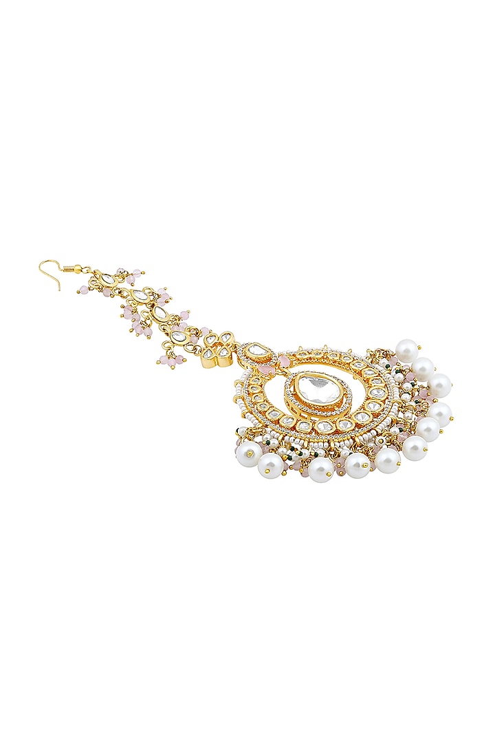 Gold Finish Kundan Polki & Agate Stones Handcrafted Maang Tikka by Hrisha Jewels at Pernia's Pop Up Shop